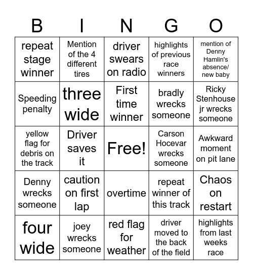 Nascar Pocono 2025 Bingo Card