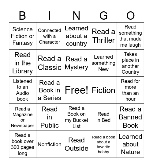 Reading Bingo Card