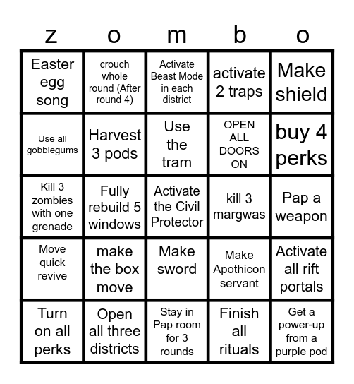 Shadows of Evil Bingo Card