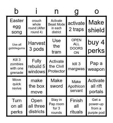 Shadows of Evil Bingo Card