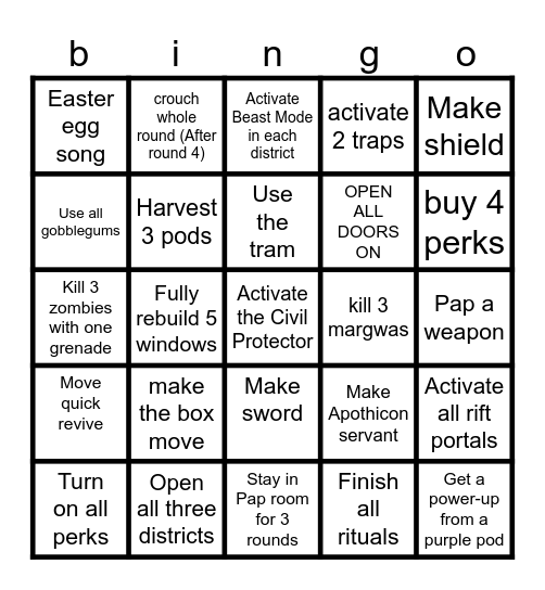 Shadows of Evil Bingo Card