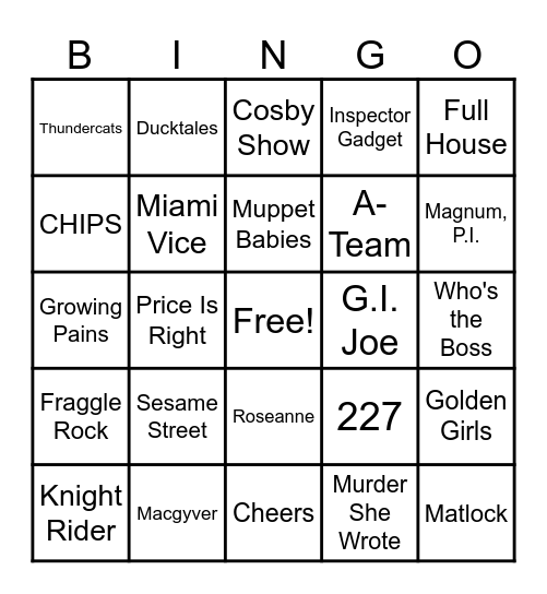 80's TV Show Bingo Card