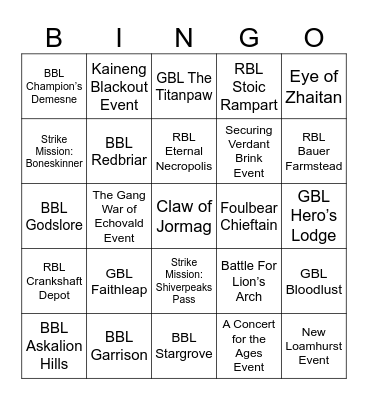 Guild War 2 BINGO Card