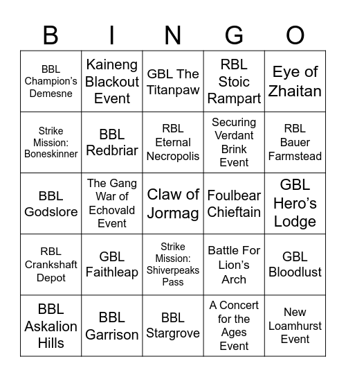 Guild War 2 BINGO Card