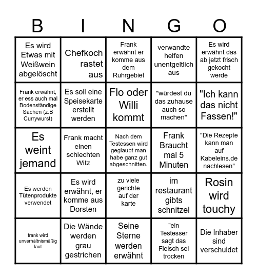 Rosins Restaurant Bingo Card