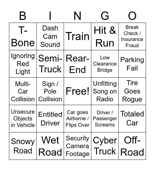 Car Crash Bingo Card