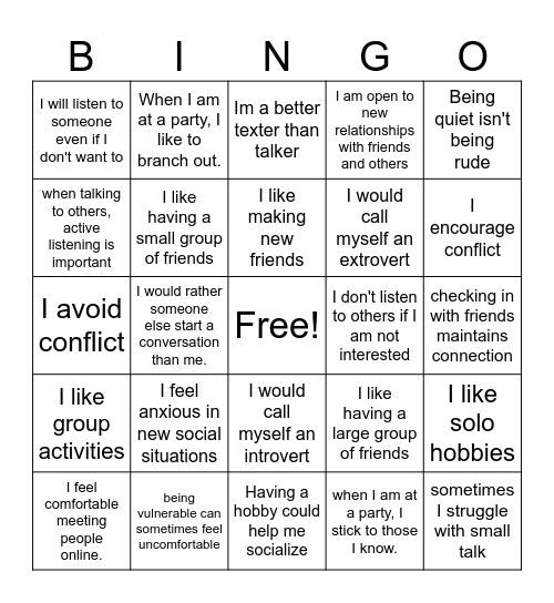 Social Norms Bingo Card