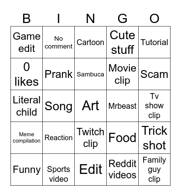 YouTube shorts Bingo Card