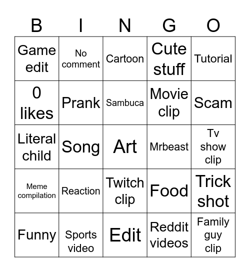 YouTube shorts Bingo Card