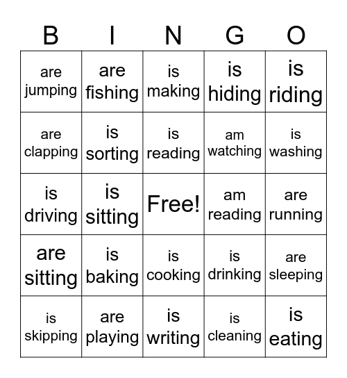 Present continuous tense Bingo Card