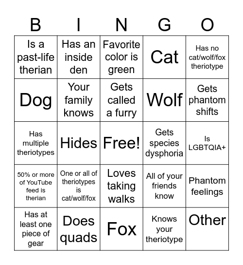 Therian Bingo Card