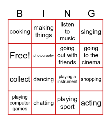 Free time activities Bingo Card