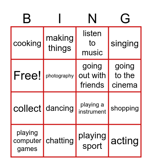 Free time activities Bingo Card