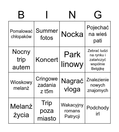 Wakacyjne bingo Card