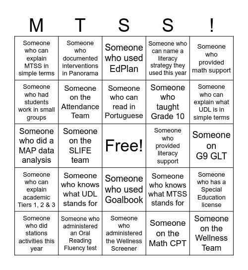 Human MTSS BINGO Card