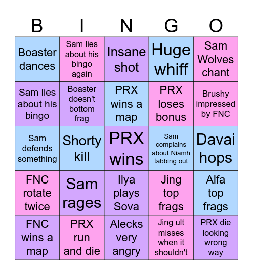 PRX vs. FNC Bingo Card