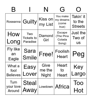 Yacht Rock Bingo Card