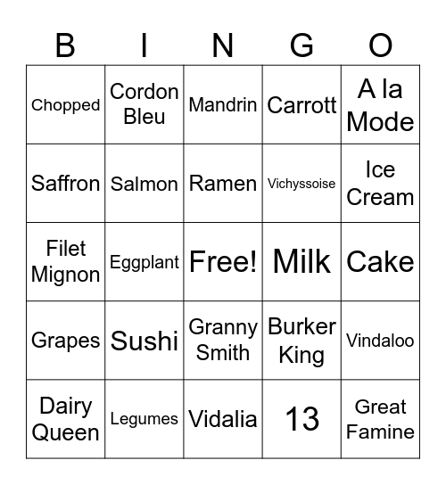 TRingo! FOOD! #17 Bingo Card