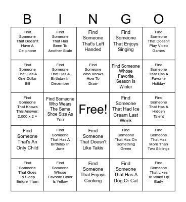 Find A Friend! Bingo Card