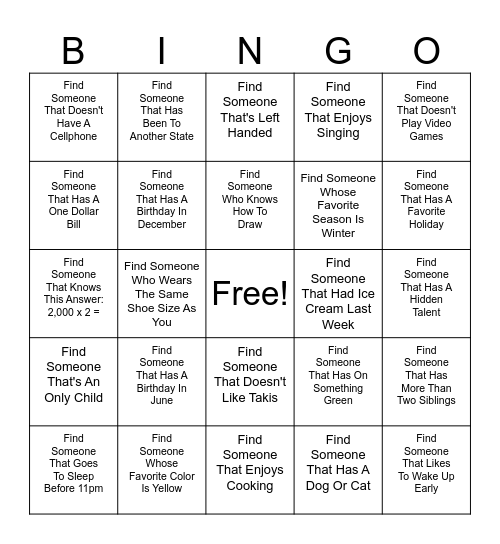 Find A Friend! Bingo Card