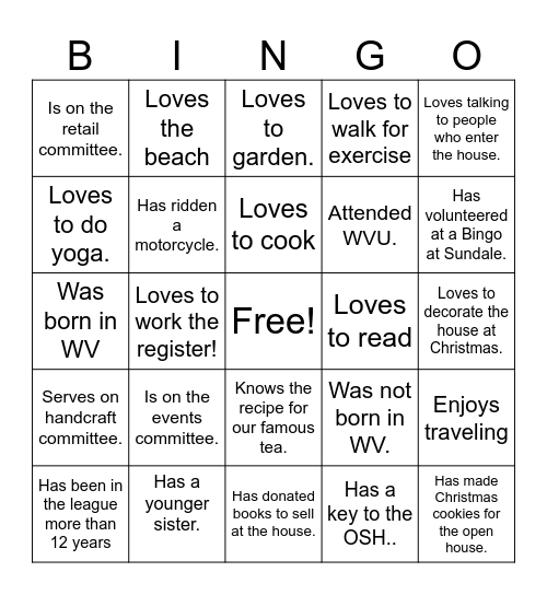 Service League Bingo Card