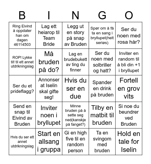 TEAM BRIDE Bingo Card