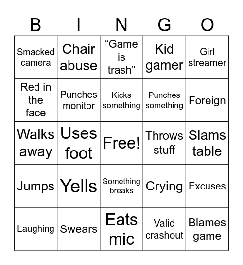 Gamer RAGE Bingo Card