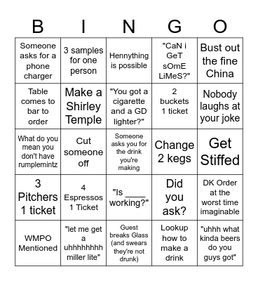 Bar Bingo Card