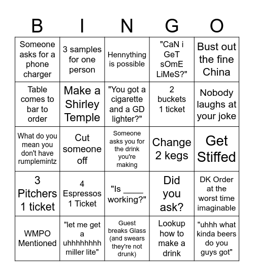 Bar Bingo Card