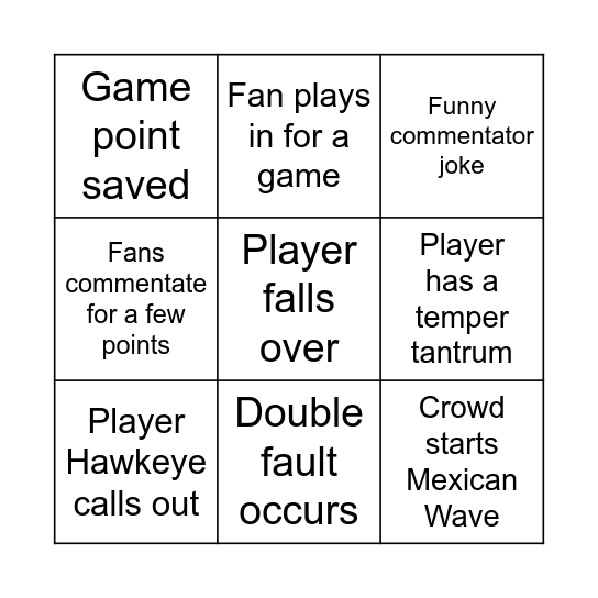 Tennis Exhibition Match Bingo Card