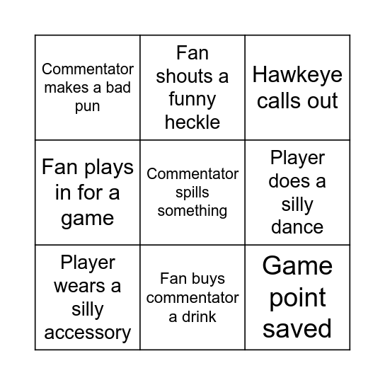 Tennis Exhibition Match Bingo Card