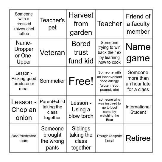 Kit's Culinary Camp Bingo Card