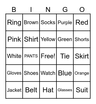 English Bingo Card