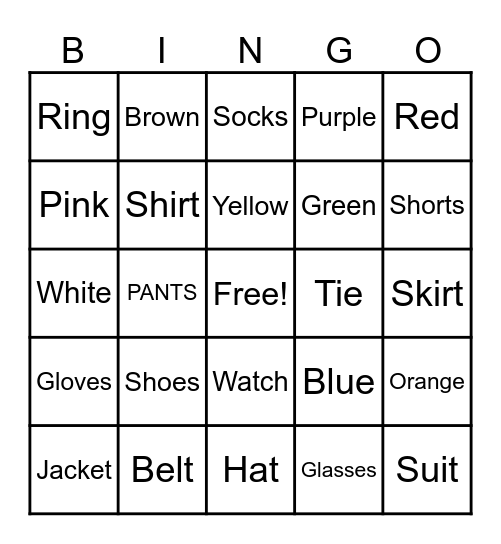 English Bingo Card