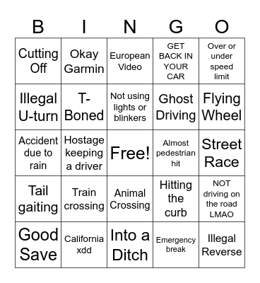 Dashcam Bingo Card