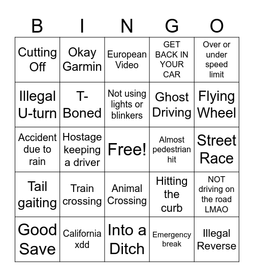 Dashcam Bingo Card