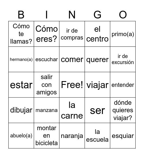 Spanish 1 Review Bingo Card