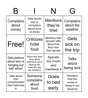 Work Trip Bingo Card