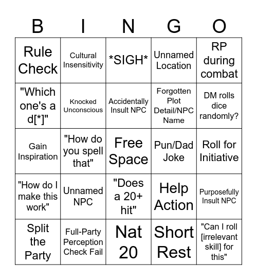 Dungeons & Dragons Bingo Card