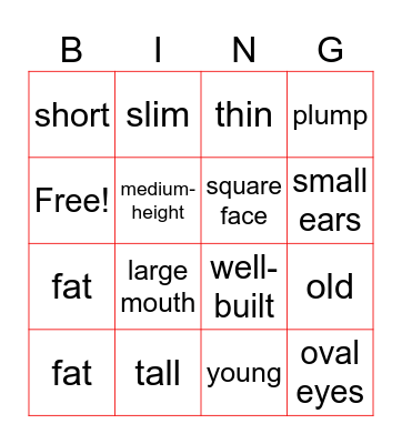 PHYSICAL ADJECTIVES Bingo Card
