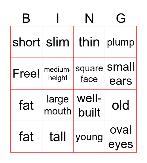 PHYSICAL ADJECTIVES Bingo Card