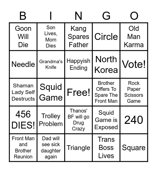 Hartt's Squid Game Bingo Card