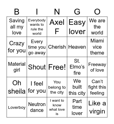 Billboard 1985 Bingo Card