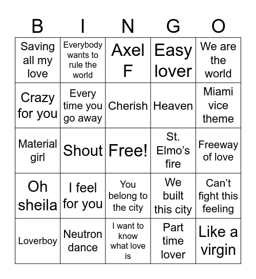 Billboard 1985 Bingo Card