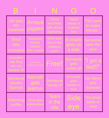 Love Island Bingo Card