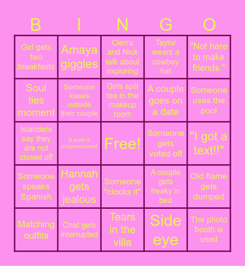 Love Island Bingo Card
