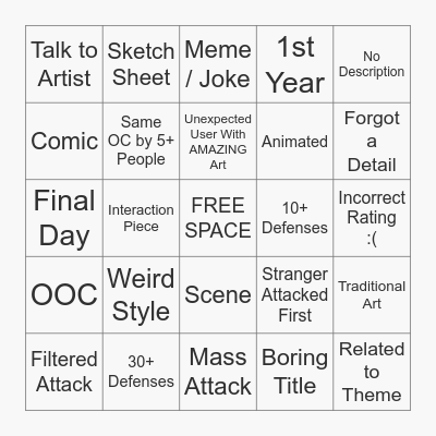 ArtFight Defense Bingo Card