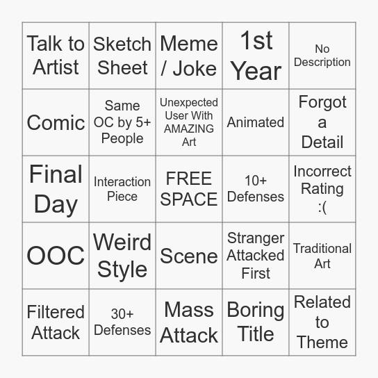 ArtFight Defense Bingo Card