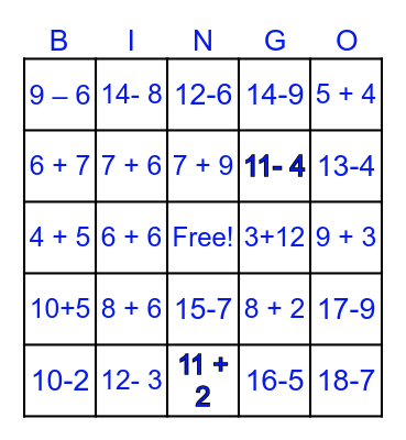 Addition & Subtraction Bingo Night Bingo Card
