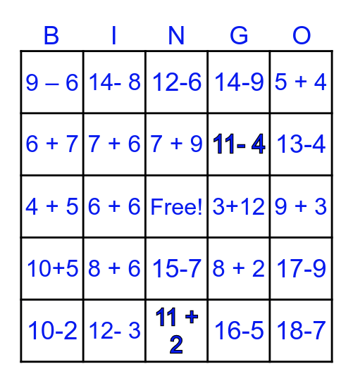 Addition & Subtraction Bingo Night Bingo Card